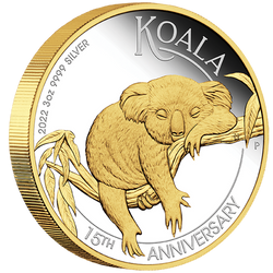 Koala plaqué or 15e anniversaire 3 onces d'argent 2022 Proof