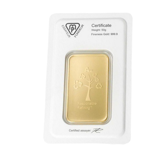 Gold Bar Metalor 50 gram LBMA GD Refiner