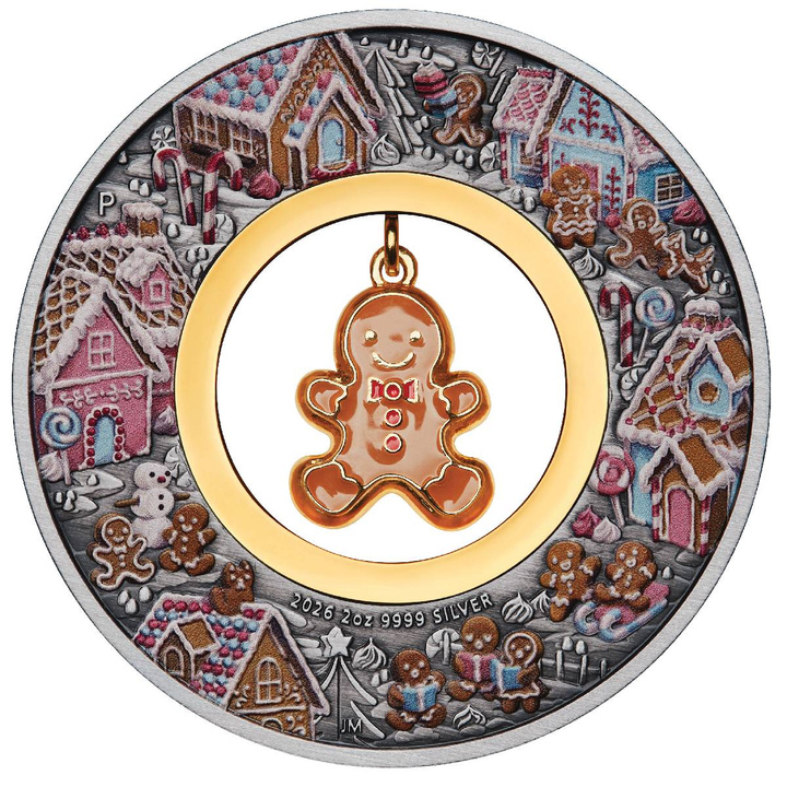 The Perth Mint Gingerbread Christmas colorée 2 oz argent 2026 Antiqued