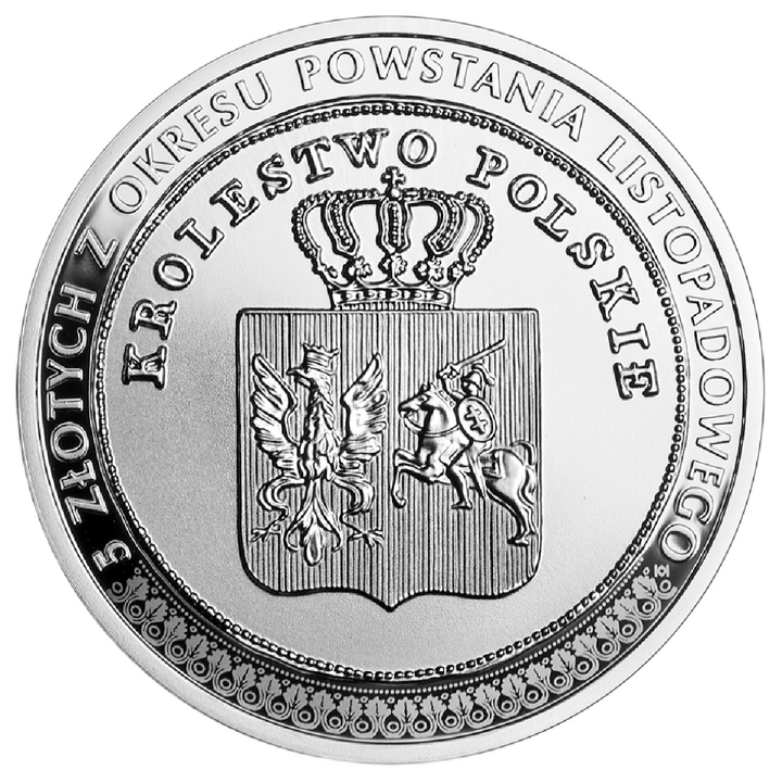 Geschichte der polnischen Münze – 5 Złoty aus der Zeit des Novemberaufstands, 20 zł Silber 2025, Proof, Folder/Etui