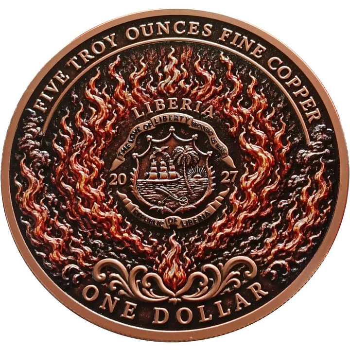 Moneda de cobre Liberia Phoenix coloreada 5 onzas de cobre 2027 Antique