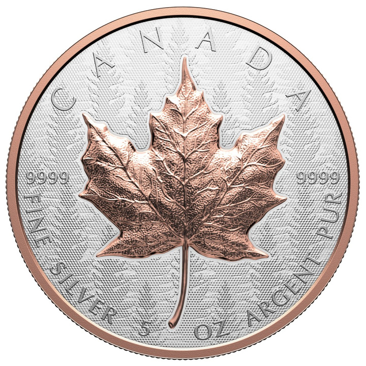Hoja de arce canadiense “Silver Maple Leaf” chapada en oro 5 onzas de plata 2025 Reverse Proof Ultra High Relief