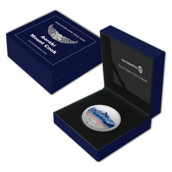 Discover New Zealand: Aoraki Góra Cooka kolorowana 1 uncja Srebra 2021 Proof