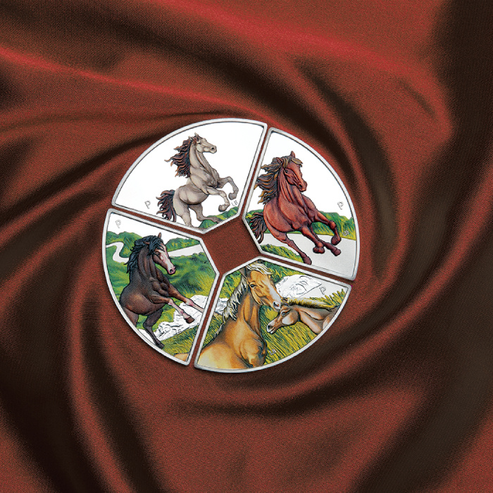 Juego de 4 Monedas Tuvalu: Año del Caballo Quadrant Colorada 4 x 1 Onza Plata 2026 Proof