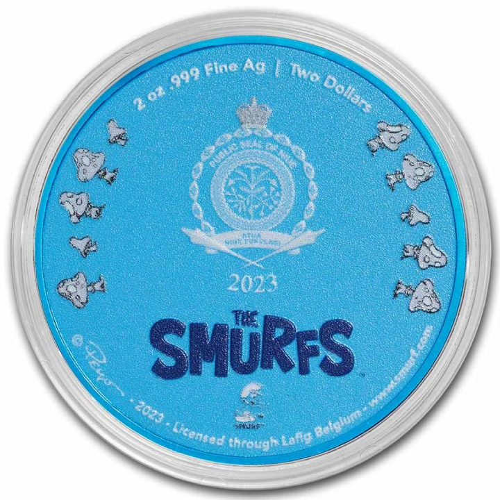 Niue: Los Pitufos - 65 Aniversario coloreado 2 oz Plata 2023 Proof Alto Relieve