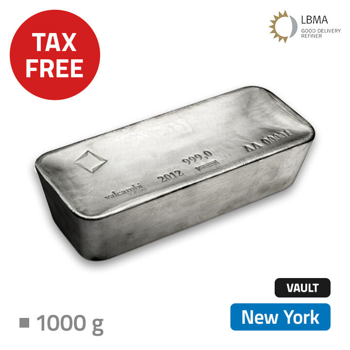 Barra de Plata de Inversión 1000 g Casa de Moneda Acreditada – Almacenada en Bóveda Libre de Impuestos en Nueva York (Loomis)