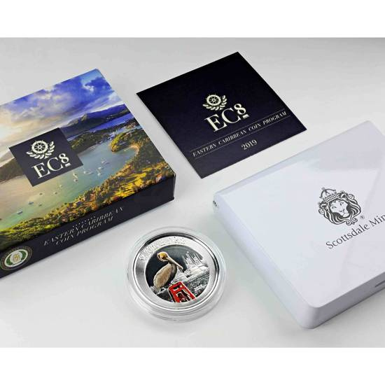 Svatý Kryštof a Nevis: Brown Pelican barevná 1 unce stříbra 2019 Proof