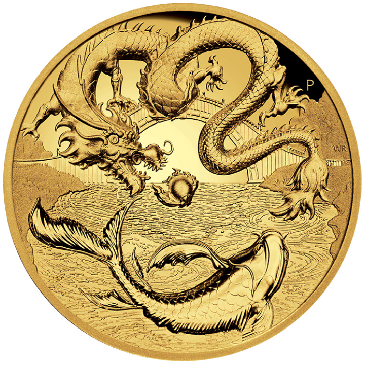 Mitos y Leyendas Chinas: Dragón & Koi 1 oz Oro 2023 Proof Ultra Alto Relieve
