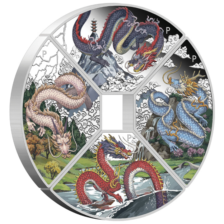 Tuvalu: Year of the Dragon Quadrant Four-Coin Set 1oz Silber 2024 Proof