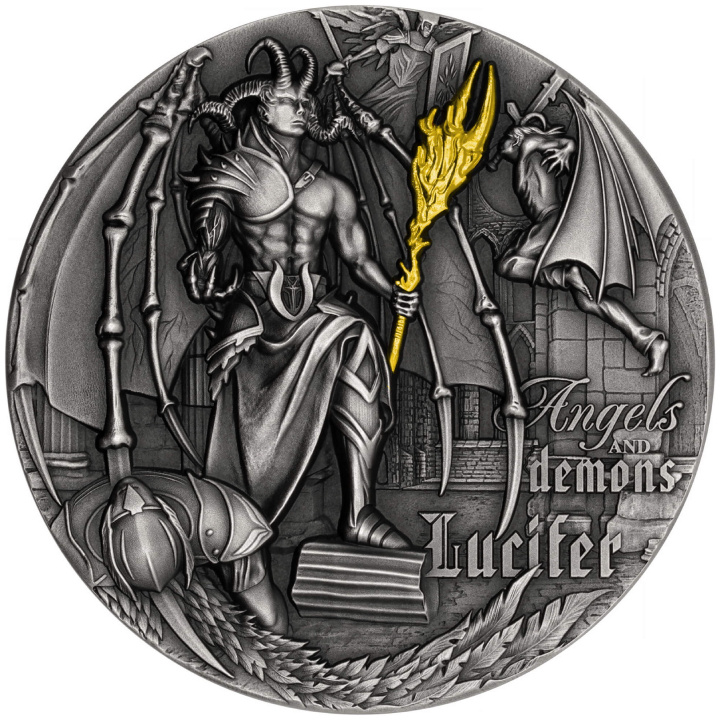 Niue: Angels and Demons - Lucifer placcato in oro 2 once d'argento 2021 High Relief Antiqued Coin