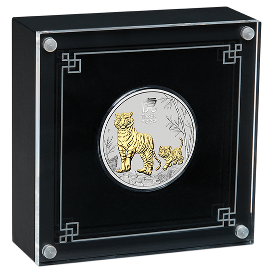 Lunar III: Año del Tigre 1 oz Plata 2022 Prueba Alto Relieve Dorado (en estuche)