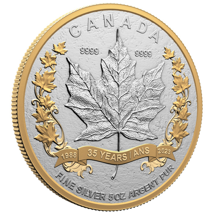 Foglia d'acero canadese - 35° anniversario 5 once d'argento 2023 Proof opaco