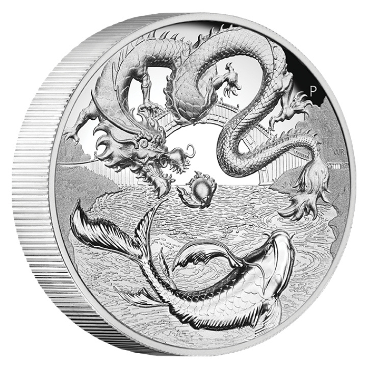 Chinese Myths and Legends: Dragon & Koi 2 uncje Srebra 2023 Proof High Relief