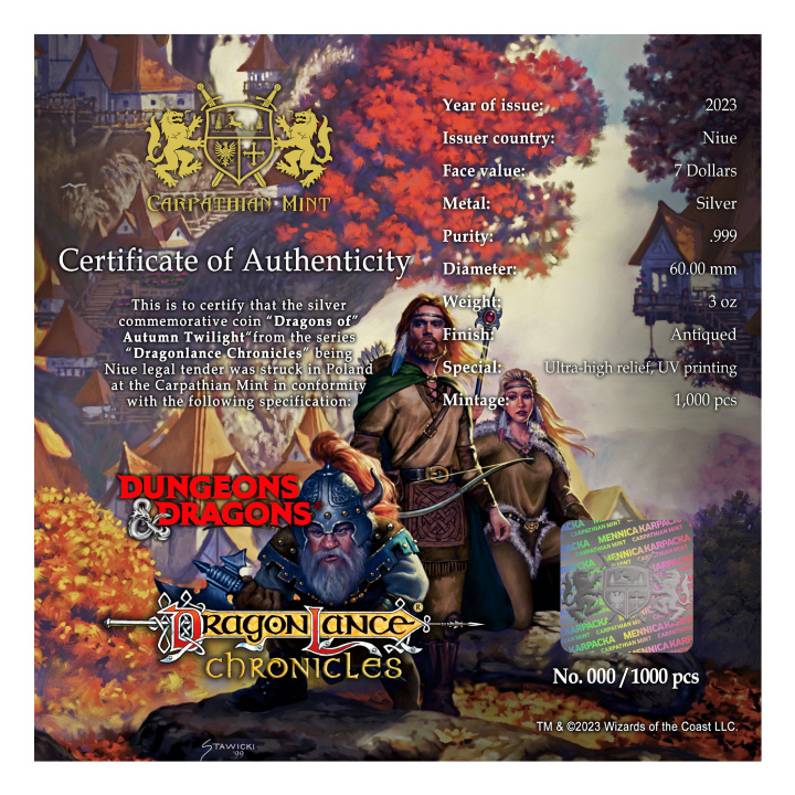 Niue: Dragonlance Chronicles - Dragons of Autumn Twilight colorato 3 once d'argento 2023 High Relief Antiqued Coin