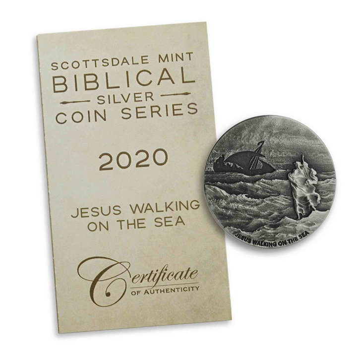 Niue: Biblické - Ježíš kráčí po moři 2 unce stříbra 2020 Proof Antiqued Coin