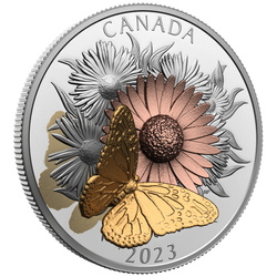 Canada: Il monarca e il fiore colorato, placcato in oro $50 Argento 2023 Proof