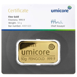 Umicore 50 grams Gold Bar LBMA GD Refiner