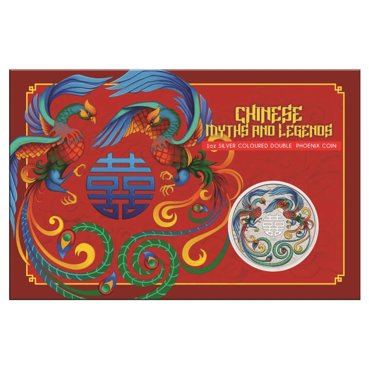 Chinese Myths and Legends: Doble Fénix Coloreado (vivid) 1 onza Plata 2025 (Moneda en Tarjeta)