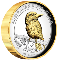 Kookaburra 2 uncia ezüst 2021 Proof magas domborzatú aranybevonatú