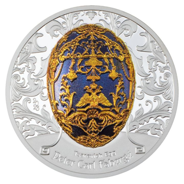 Mongolie : Peter Carl Fabergé – Tsarevich Egg colorée 2 onces d'argent 2023 Proof High Relief