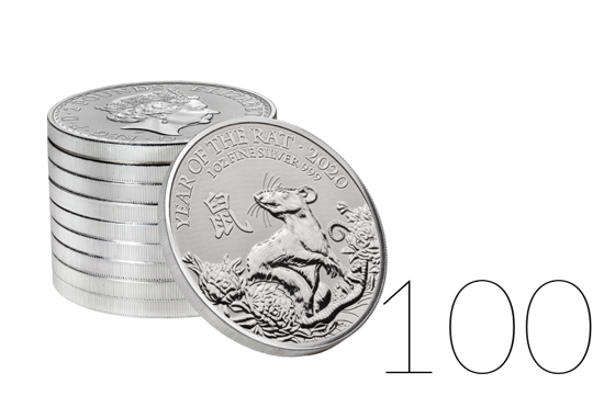 Jahr der Ratte 1 oz Silber British Royal Mint 100 Stück 2020