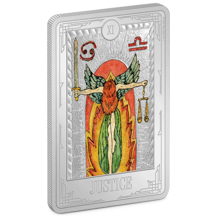 Niue: Tarot kártyák – Igazságosság színes 1 uncia ezüst 2023 Proof