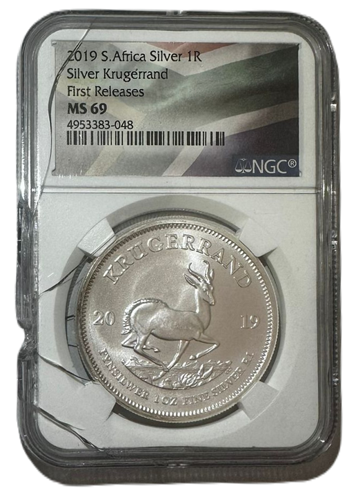 Krugerrand 1 once d'argent 2019 MS 69 NGC Premières émissions ENDOMMAGÉ SLAB