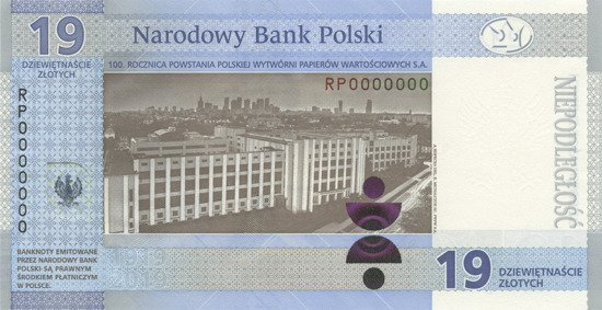 Banknot NBP "100-lecie powstania Polskiej Wytwórni Papierów Wartościowych" 2019