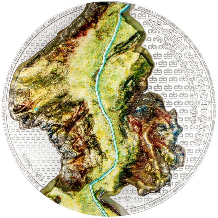 Liechtenstein : 100 ans du franc suisse au Liechtenstein coloré 1 once d'argent 2024 Silk Coin