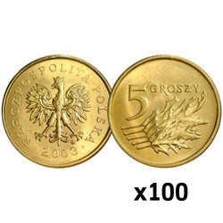 Banque nationale de Pologne : 5 groszy Sac de monnaie (100 pièces) - Différentes années