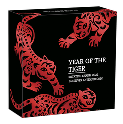Tuvalu: Lunar III - Year of the Tiger 1 oz Silver 2022 Rotating Charm Antiqued Coin