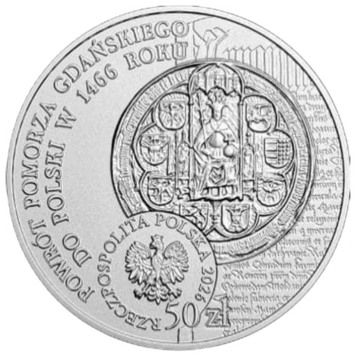 Srebna Moneta Powrót Pomorza Gdańskiego do Polski w 1466 r. 50 zł 2 uncje Srebra 2026 High Relief Bursztyn Folder/Etui