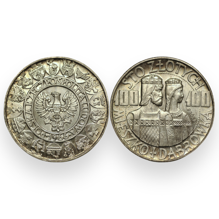 Proof: Mieszko and Dabrówka 100 gold Silver 1966 (condition 1 / 1- )