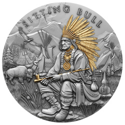 Niue : Sitting Bull, pièce en argent de 2 onces plaquée or, 2025, finition antique.