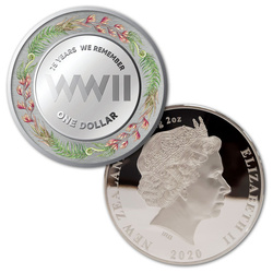 WWII 75 Years Remembrance coloreada 2 oz Plata 2020 Proof