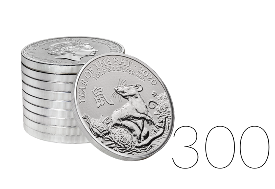 Année du Rat 1 once d'argent Grande-Bretagne LOT DE 300 PIÈCES 2020