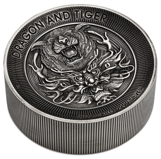 Dragon & Tiger 2000 gram Silber 2022 Antiqued High Relief