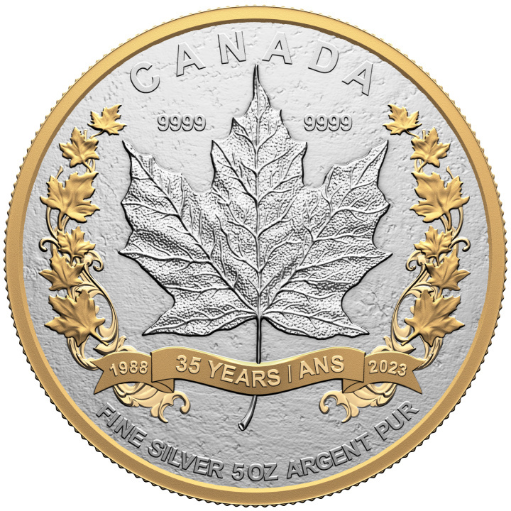Feuille d'érable canadienne - 35e anniversaire 5 onces d'argent 2023 Matte Proof