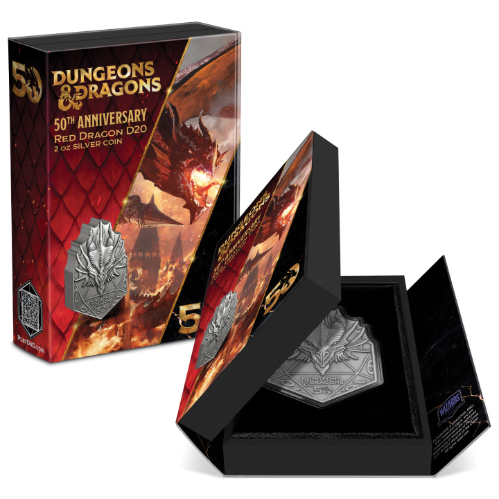 Niue: Dungeons & Dragons 50° anniversario - Drago rosso D20 2 once d'argento 2024 Moneta antica