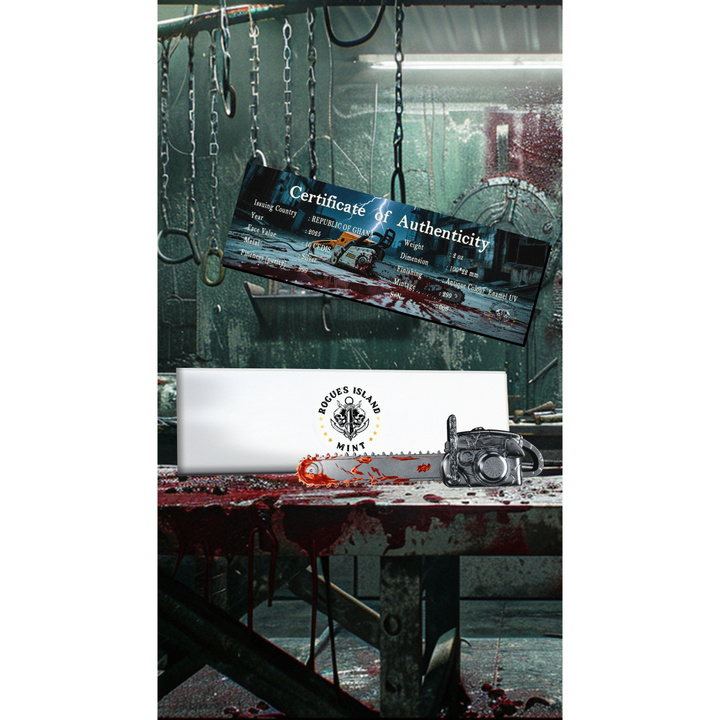 Ghana: Bloody Chainsaw coloured 2 oz Silver 2025 Antiqued Shaped Coin