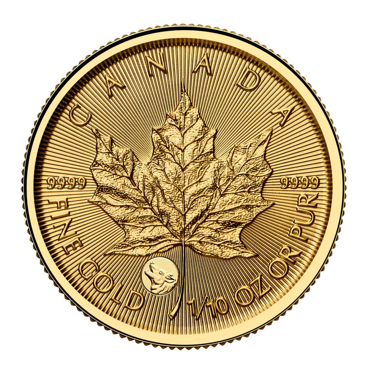 Hoja de Arce Canadiense 1/10 oz Oro 2026 Privy Wolf Mark