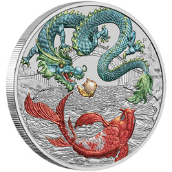 Mythes et légendes chinois : Dragon et carpe koï coloré bleu et rouge (version avec pièce dans une carte) 1 once d'argent 2023