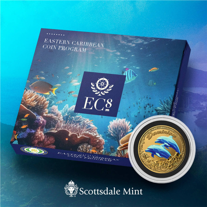 Dominica: Dolphin kolorowany 1 uncja Złota 2023 Proof