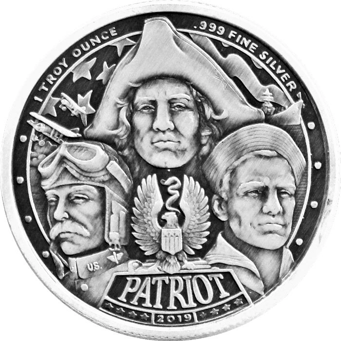 Patriot: Americká revoluce 1 unce stříbra 2019 Antiqued Round Coin