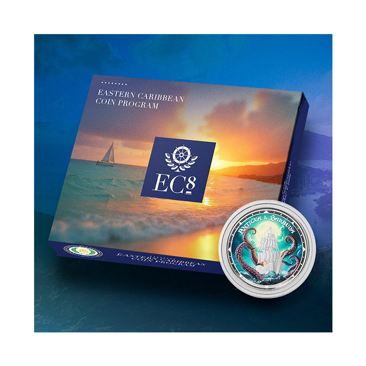 Antigua y Barbuda: Rum Runner and Kraken coloreada 1 onza de plata 2024 Proof