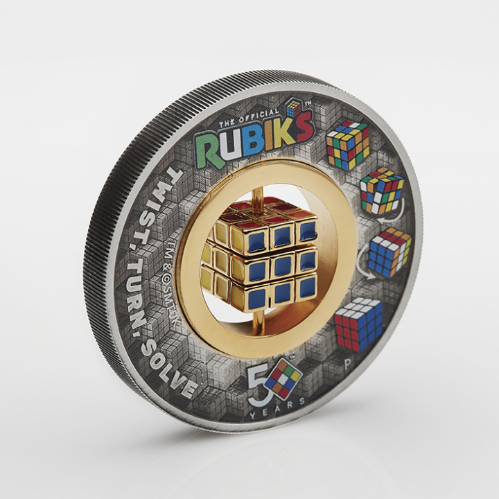 Tuvalu: Kostka Rubika 50. rocznica kolorowany, pozłacany 2 uncje Srebra 2024 Antiqued Coin