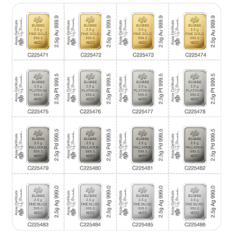Lingotes multigramo 4 x 2,5 gramos Oro, Platino, Paladio, Plata