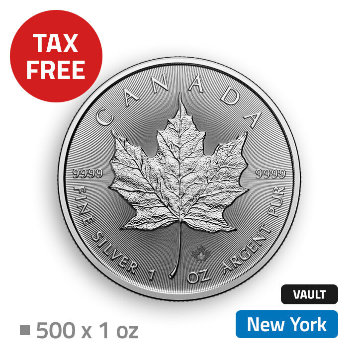 Feuille d'érable canadienne 500 onces d'argent - stockée dans un entrepôt hors taxes à New York (Loomis)
