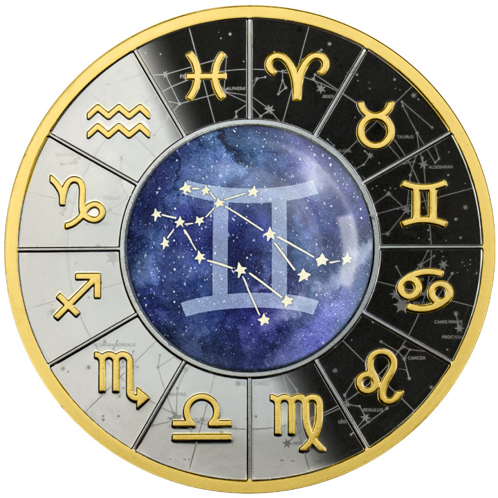 Camerun: Segni zodiacali - Gemelli colorati, placcati in oro Argento 2023 Black Proof