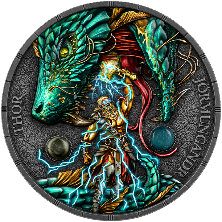 Silbermünze Ragnarök: Thor und Jörmungandr Black Light 2 Unzen Silber 2026 Ultra High Relief
